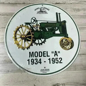 JOHN DEERE TRACTOR MODEL A 1934-1952 WHITE TIN ADVERTISING SIGN 12" ROUND